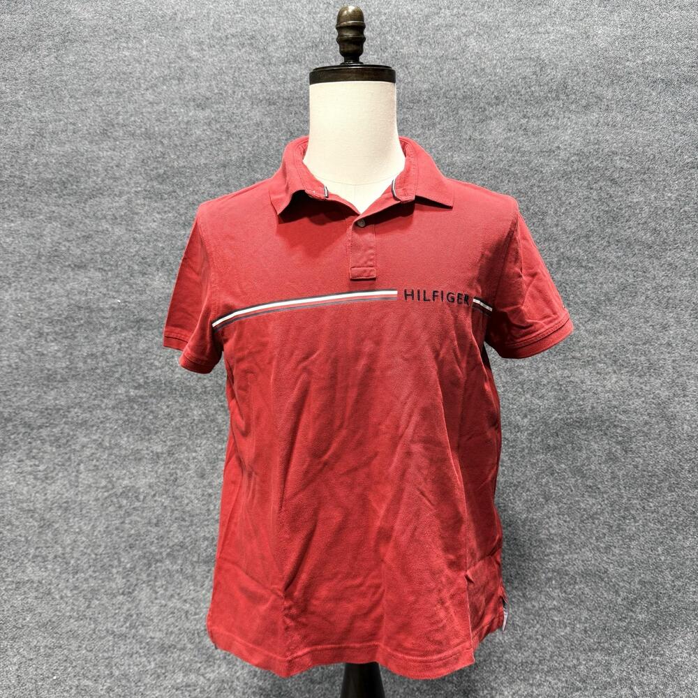 Tommy Hilfiger Polo Shirt Mens Medium Red Custom Fit Stripe Logo Top Casual